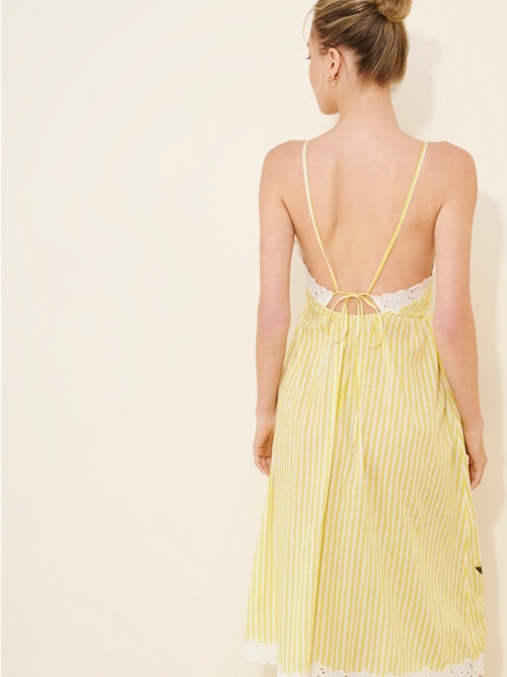 Anthropologie Lyrebird Yellow Striped Midi Dress floral trim Ladybug Print Sz L - Picture 3 of 14